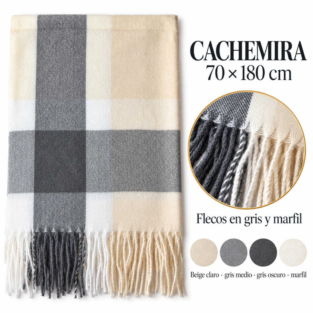 Bufanda de cachemira en beige, marfil y gris