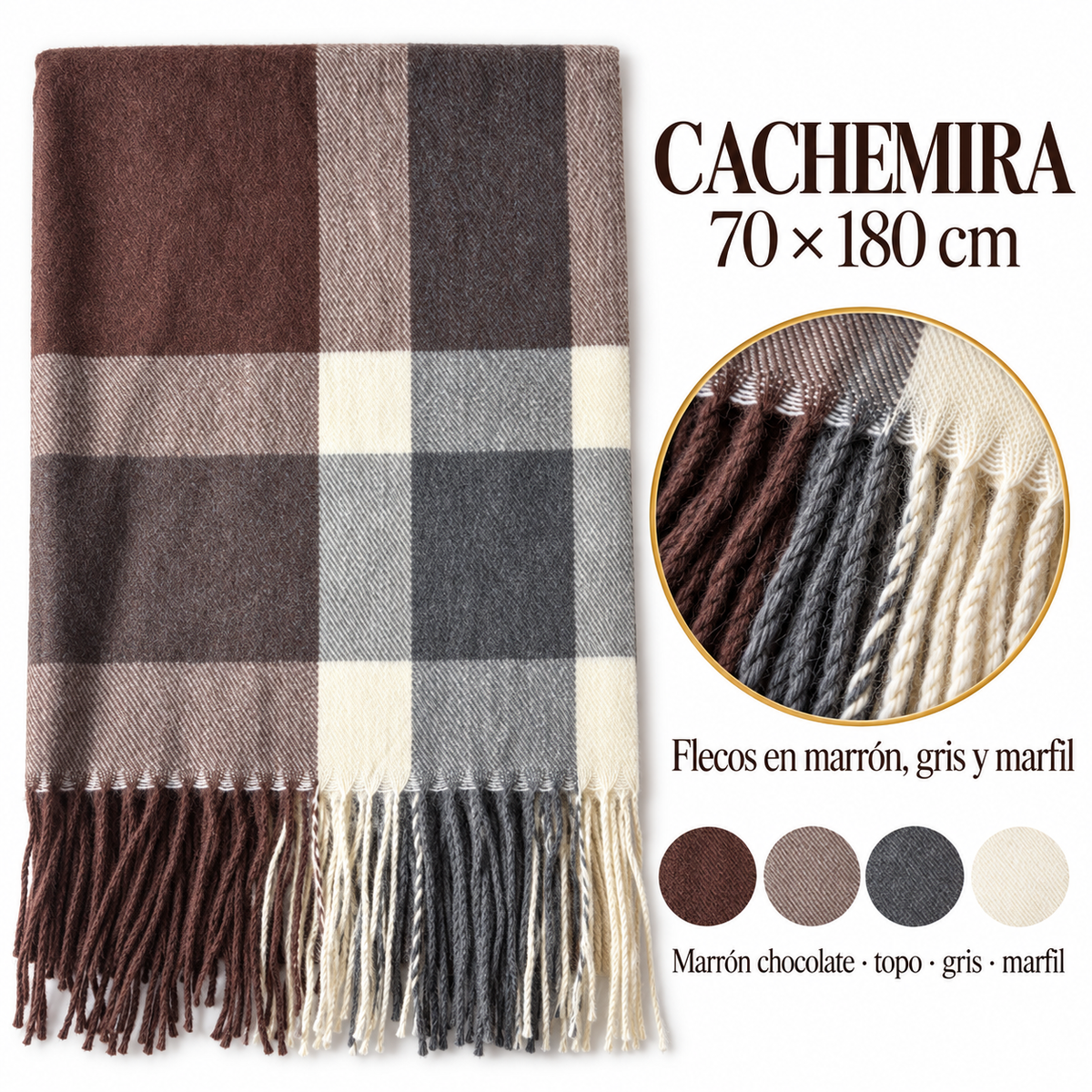 Bufanda de cachemira en marrón chocolate, topo y gris