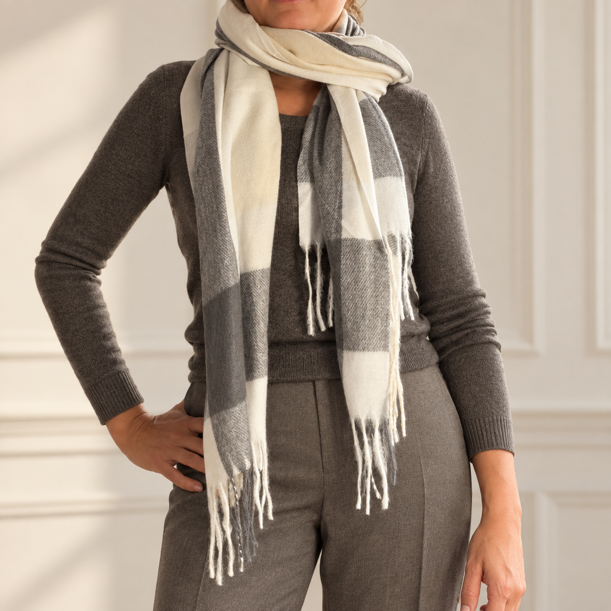Bufanda de cachemira en beige, marfil y gris
