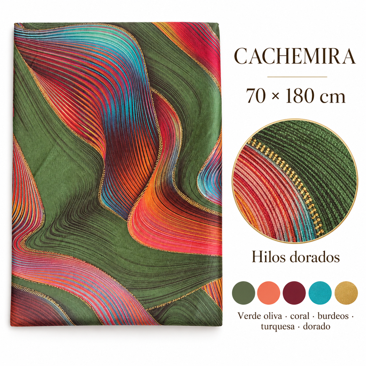 Pañuelo de cachemira Ondas Oliva