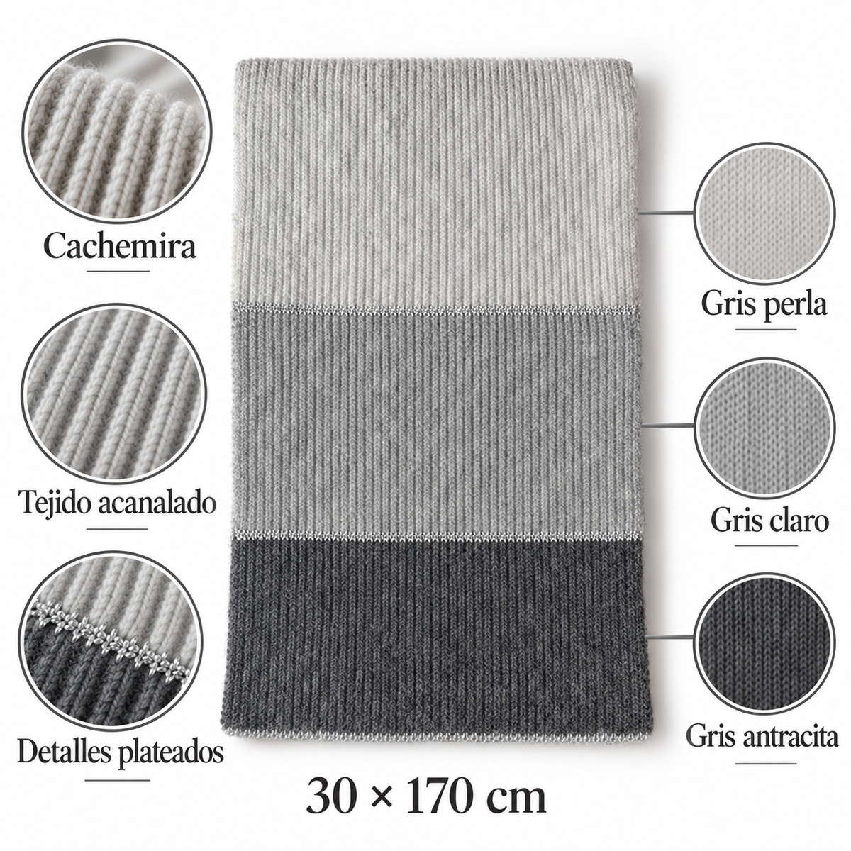 Bufanda de Cachemira Gris Tricolor